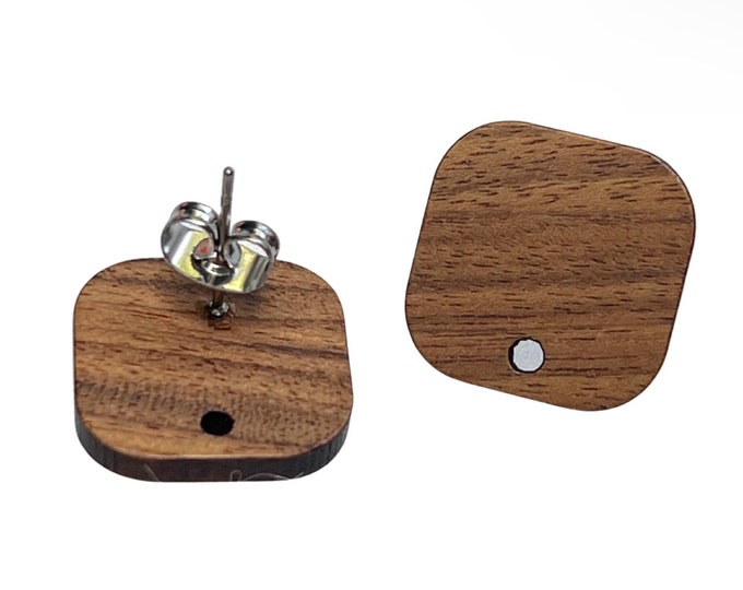 Choose Quanty Walnut Wood Wooden Stud Stainless Steel Post Rounded Square Earrings w/ Earring Backs Connector Loop Holes DIY Earrings