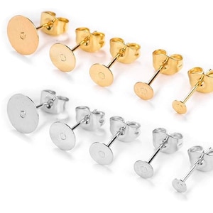 50pc Flat Pads Stud Post 18k Gold Plated OR Silver 316 Stainless Steel Earrings & 50pc Backs Studs Findings Sizes: 6mm,8mm,10mm,12mm,14mm image 1