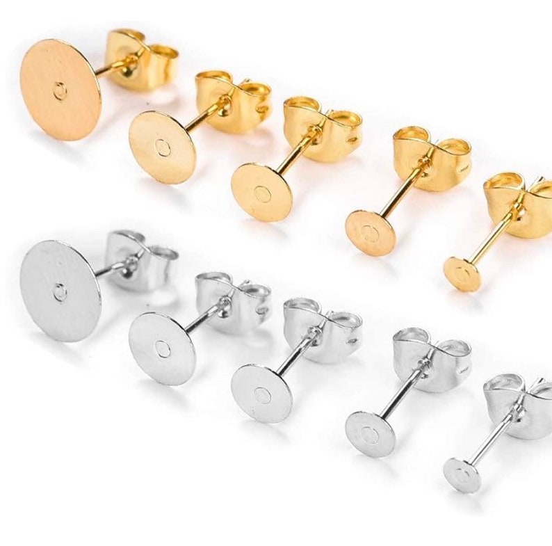 50pc Flat Pads Stud Post 18k Gold Plated OR Silver 316 Stainless Steel Earrings & 50pc Backs Studs Findings Sizes: 6mm,8mm,10mm,12mm,14mm image 1