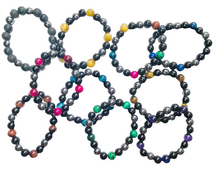 Clearance Set of 10 Hematite and Tiger Eye Bead Beaded Stretch Stretchy Stack Stacking Bracelets 10mm Beads