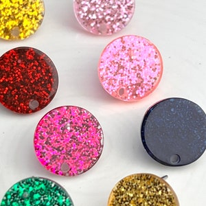 Glitter Studs 14mm Earrings 12pcs Earrings & Backs w/Connector Loop Holes Earring Findings Gold Silver Green Red Rainbow Pink Blue Yellow image 3