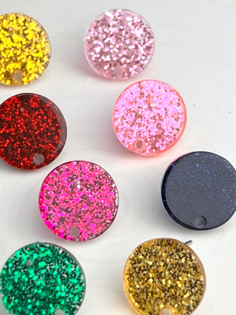 Glitter Studs 14mm Earrings 12pcs Earrings & Backs w/Connector Loop Holes Earring Findings Gold Silver Green Red Rainbow Pink Blue Yellow image 3