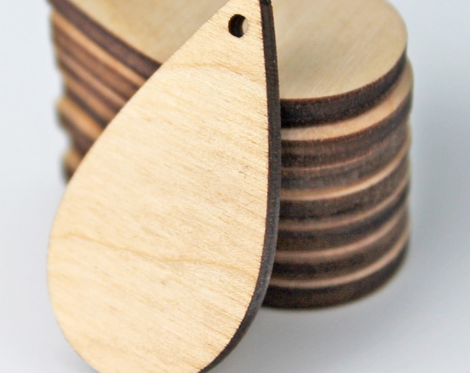 12pc Unfinished Wood Laser Cutout Solid 2" Teardrop Tear Drop Earring Ear Blanks Shape Crafts Add Stainless Steel French Hooks & Jump Rings