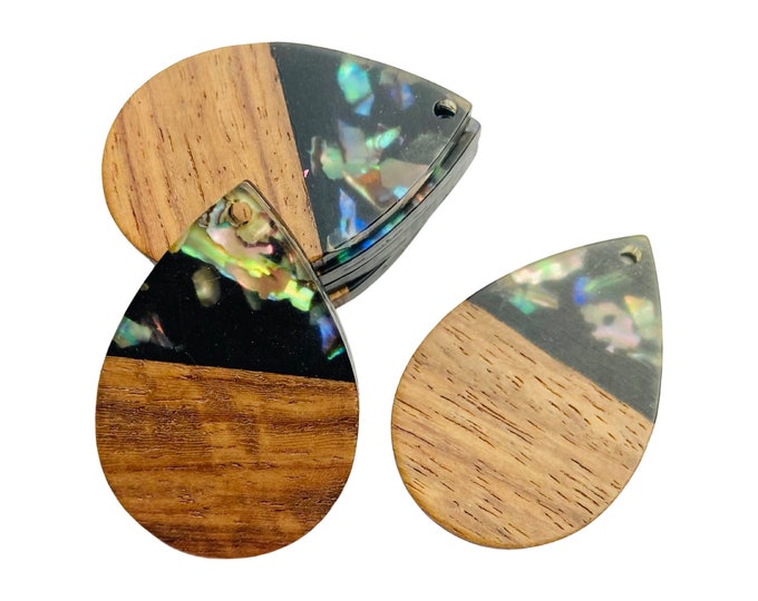 Clearance 10pcs Acrylic & Wood 36mm Black Rainbow Teardrop Shape Beads Charms w/ Connector Loop Holes Earring Blanks