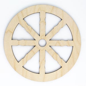 May include: A circular wooden decorative wheel with eight spokes and a central hole. The wheel is made of light-colored wood and has a rustic, unfinished appearance. The spokes have a distressed edge.