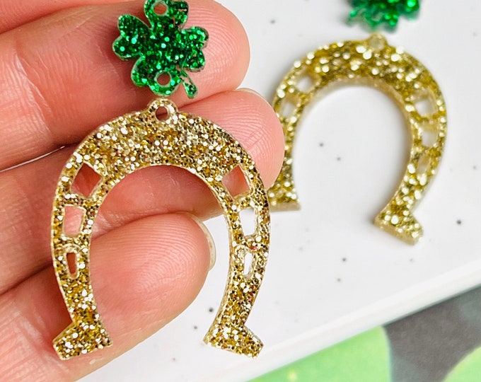 Green Glitter Shamrock and Gold Horseshoe Acrylic Earring Blanks