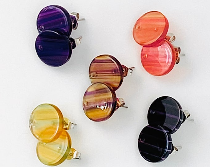 12 Acrylic 14mm Round Circle Stud Post Stripe Color Earrings & Backs w/Connector Loop Holes for Dangle Style Earring Findings Jewelry Making