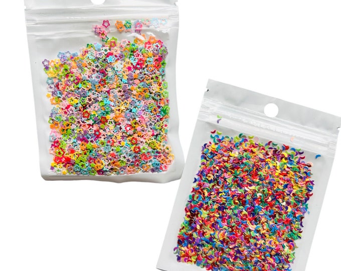 SET of 8 Different Stars, Moons, Hearts Clay Slices & Glitter Sampler Packs Embellishments