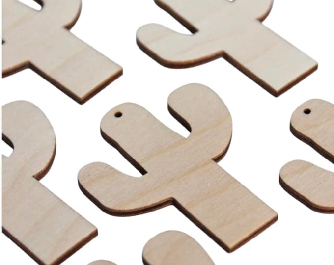 ALL SIZES BULK (12pc to 100pc) Unfinished Wood Laser Cutout Cactus Earring Earrings Jewelry Blanks Shape Craft Made in Texas