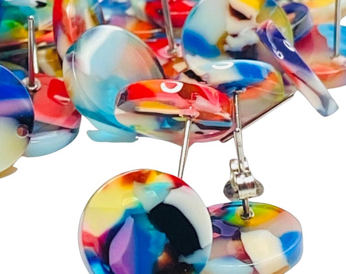 12 Acrylic 14mm Round Stud Post Rainbow Mix Earrings & Backs Connector Loop Holes Dangle Style Earring Findings Jewelry Making