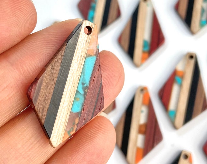 Clearance 10 Acrylic & Wood 32mm or 1.3” Diamond Shape Beads Charms with Connector Loop Holes Earrings Earring Findings Jewelry Making Craft