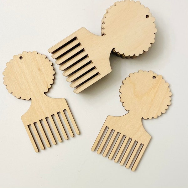 BULK (12pc to 100pc) Unfinished Wood African Afro Hair Pic, Pick Comb, Dangle Earrings Jewelry Blanks Ornaments Charms Crafts