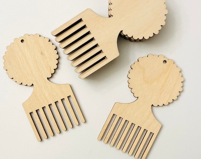 BULK (12pc to 100pc) Unfinished Wood African Afro Hair Pic, Pick Comb, Dangle Earrings Jewelry Blanks Ornaments Charms Crafts