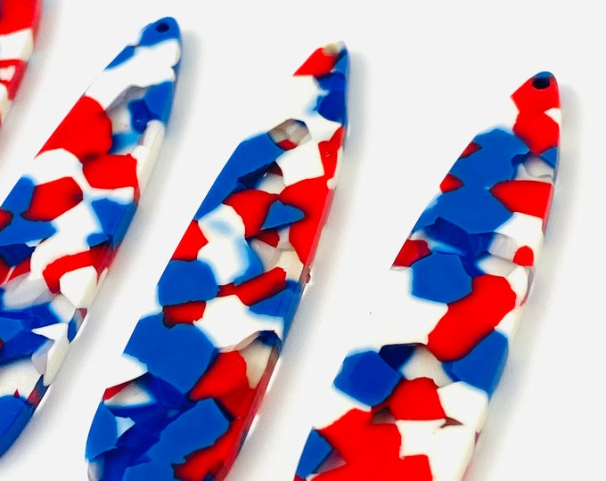 12 Pieces Acrylic 54x12mm Long Teardrop Red White Blue Patriotic Beads Charms w/ Connector Loop Hole Earring Findings Jewelry Making