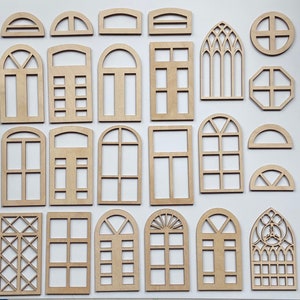 6-Pieces (Your Choice) Unfinished 1/12th Scale Wood Dollhouse Fairy Garden Church Diorama Bird House Insert Windows Wall Art  1:12