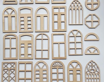 6-Pieces (Your Choice) Unfinished 1/12th Scale Wood Dollhouse Fairy Garden Church Diorama Bird House Insert Windows Wall Art  1:12