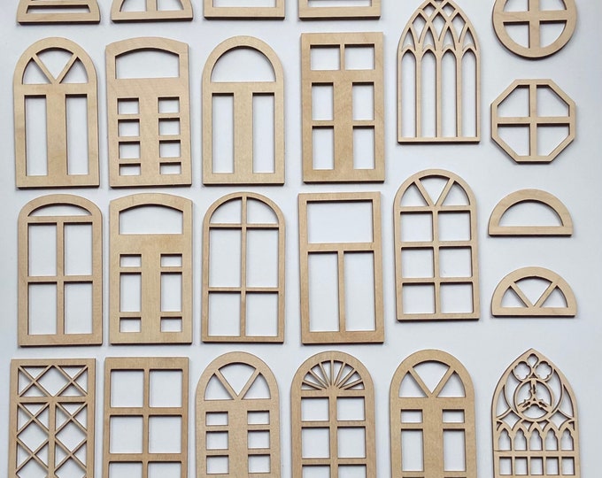 6-Pieces (Your Choice) Unfinished 1/12th Scale Wood Dollhouse Fairy Garden Church Diorama Bird House Insert Windows Wall Art  1:12