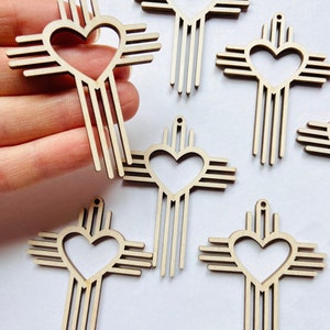 12pc to 48pc Unfinished Wood Zia New Mexico Zia Sun Symbol Heart Hanging Charm Ornament Earrings Jewelry Making Blanks Crafts Made in Texas