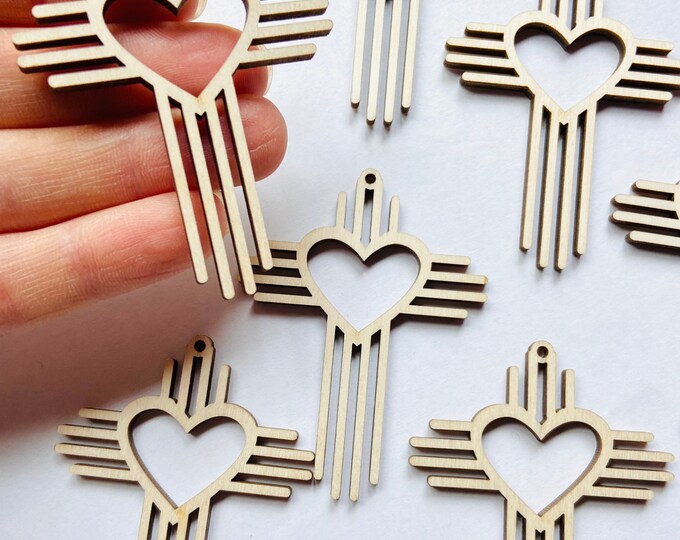 12pc to 48pc Unfinished Wood Zia New Mexico Zia Sun Symbol Heart Hanging Charm Ornament Earrings Jewelry Making Blanks Crafts Made in Texas