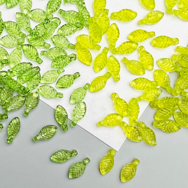 100 Pieces TINY Mini Miniature Clear Transparent Green Leaf Leaves with Connector Holes Acrylic Beads 10mm/.39"