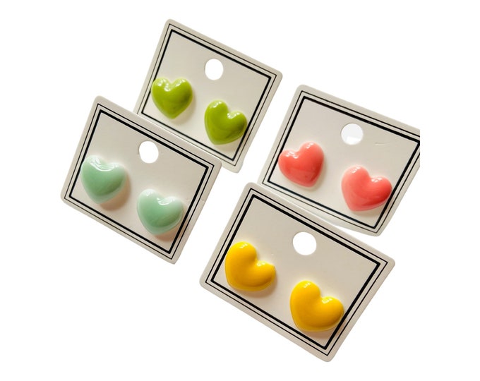 4 Pairs of Tiny Colorful Heart Hearts Stud Post Earrings with Titanium Posts and Earring Backs 14mm Green,Pink,Yellow