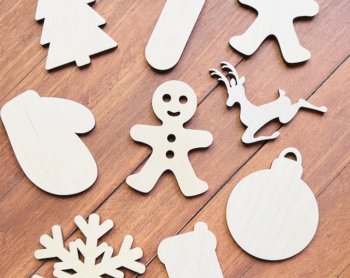 SET OF 9 Christmas Unfinished Wood Laser Cutout Shapes Crafts Hanging Ornaments Sign Wreath Tree,Gingerbread Man,Snowflake,Reindeer,Bulb ++