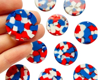 12 Pieces Acrylic 25mm Round Circle Hoop White Blue Patriotic American Beads Charms w/ Connector Loop Hole Earring Findings Jewelry Making