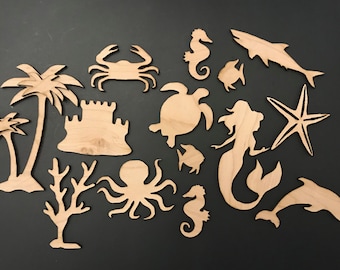 14-Pack Sea Life Ocean Decor Wall Laser Unfinished Wood Cutout Crafts Shapes Cut Outs 5.5" to 1.5" Sea Turtle, Mermaid, Palm Tree, Dolphin++