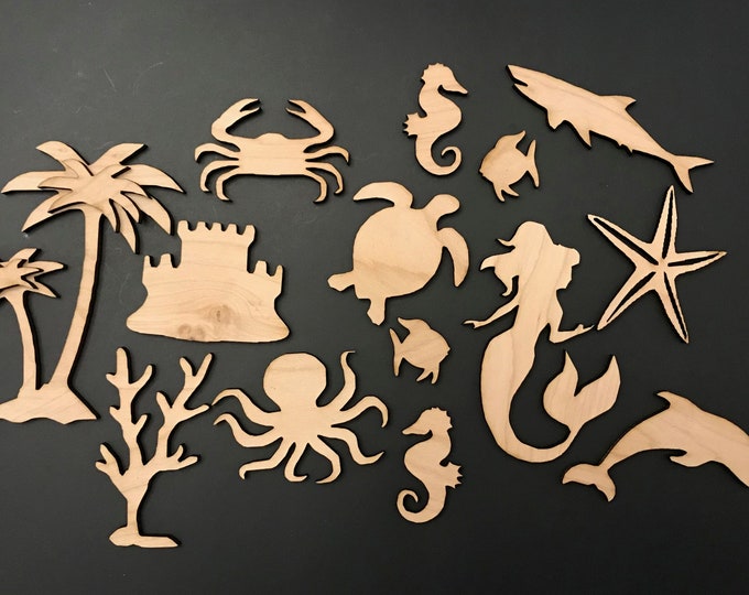 14-Pack Sea Life Ocean Decor Wall Laser Unfinished Wood Cutout Crafts Shapes Cut Outs 5.5" to 1.5" Sea Turtle, Mermaid, Palm Tree, Dolphin++