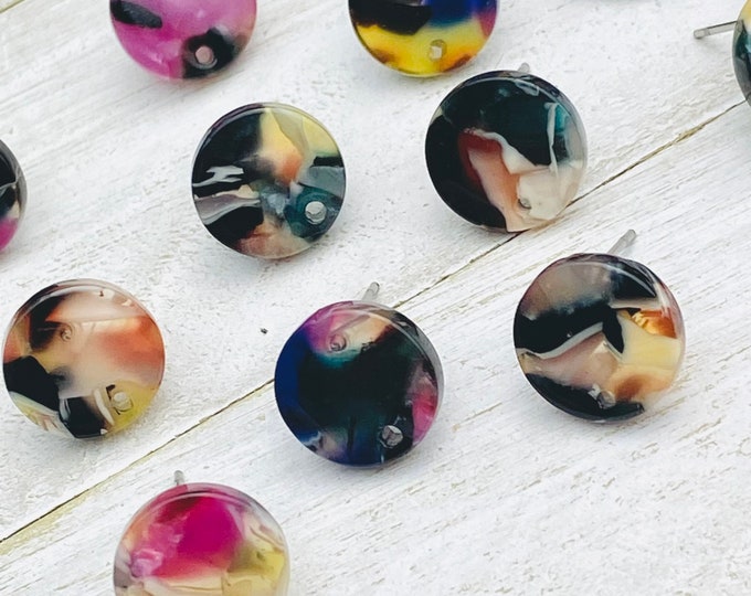 12 Acrylic 12mm Round Circle Shape Stud Post Color Mix Earrings & Backs Connector Loop Holes Dangle Earring Findings Jewelry Making
