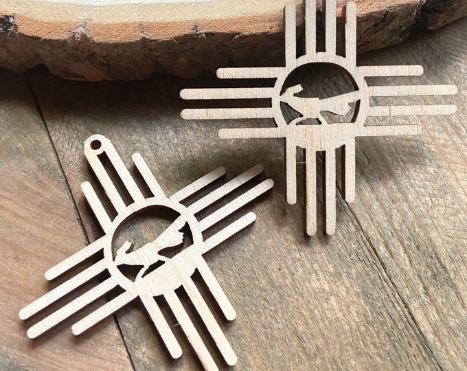 12pc to 24pc Unfinished Wood Zia Roadrunner New Mexico Sun Symbol Cutout Hanging Charm Ornament Jewelry Blanks Shape Crafts Made in Texas