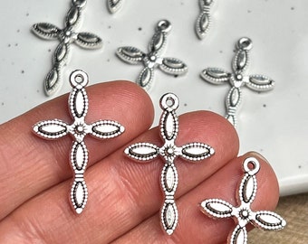 6/12/24/48 Pieces Silver Tone Cross Pendant Charms W/ Connector Link Hole, Jewelry Making Supplies, DIY Earrings, Bracelet Making Charms