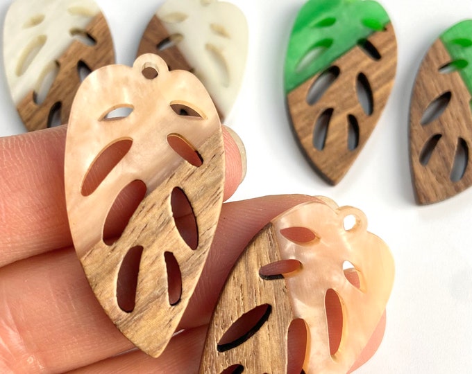 Clearance 10pcs Resin & Wood 1.5” Leaf Leaves Shape Beads Charms with Connector Loop Holes Earrings Earring Findings Jewelry Making