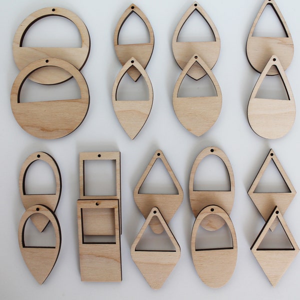 18 Unfinished Wood Laser Cutout Single Window Frame Earring Earrings Jewelry Solid Blanks Shape Crafts Made in Texas Teardrop,Diamond ++