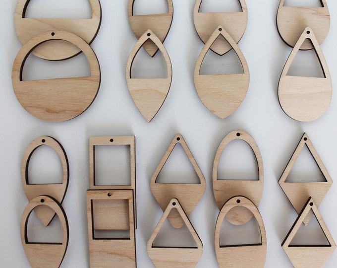 18 Unfinished Wood Laser Cutout Single Window Frame Earring Earrings Jewelry Solid Blanks Shape Crafts Made in Texas Teardrop,Diamond ++