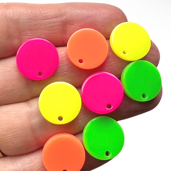 12 NEON Yellow, Pink, Orange or Green Acrylic 14mm Round Circle Stud Post  Earring Findings & Backs w/Connector Loop Hole