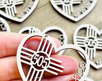 Unfinished Wood 505 Heart Zia New Mexico State Sun Symbol Cross Hanging Charm Ornament Earrings Jewelry Blanks Crafts Made in Texas
