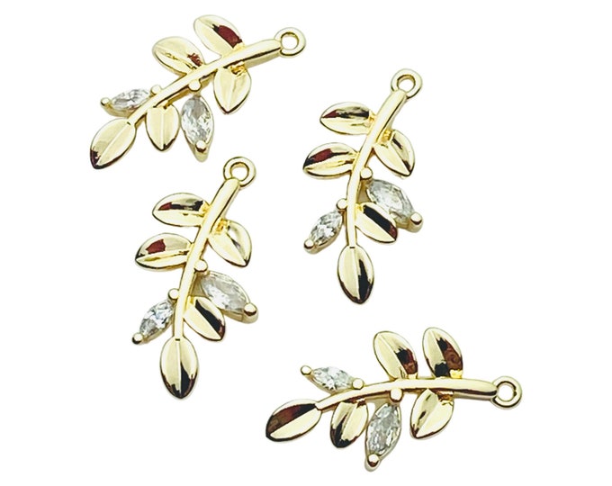 Clearance Set of 4 Tiny Leaf 14K Gold Plated Brass Cubic Zirconia 16mm Pendant Earring Earrings Charms