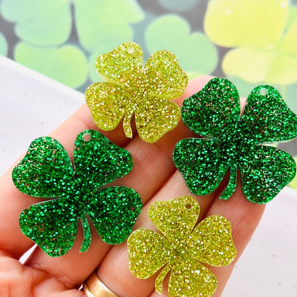 BULK(2-24pcs) Green Glitter Shamrock St. Patrick's Day Earring Jewelry Blanks w/Connector Hole, DIY Earrings, Earring Making Supplies