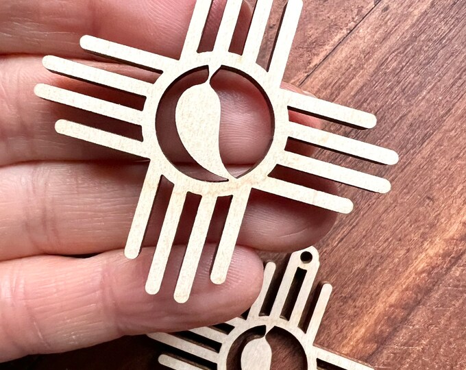 12pc to 24pc Unfinished Wood Zia Chili Pepper New Mexico Sun Symbol Earrings Cutout Hanging Charm Jewelry Blanks Shape Crafts Made in Texas
