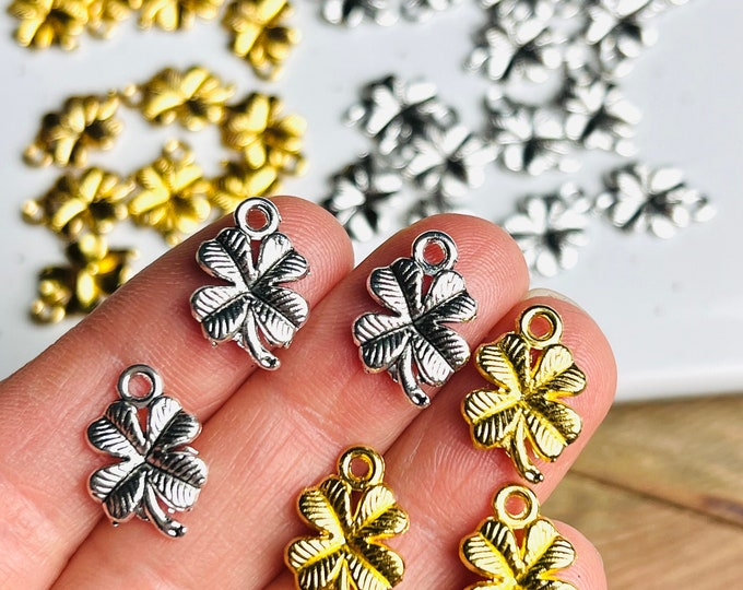 6/12/24/48 Pieces Gold or Silver Four Leaf Clover Shamrock Charms w/ connector Hole, Jewelry Making Supplies, DIY Earrings, Bracelet Making