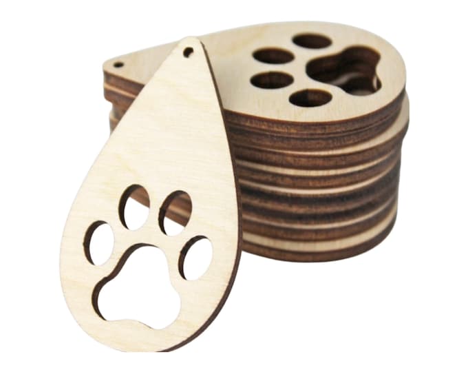 BULK (12pc to 100pc) Unfinished Wood Dog Puppy or Tiger Paw Prints Cutout Dangle Earring Jewelry Blanks Charms Shape Crafts Made in Texas