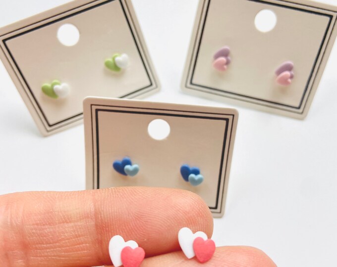 4 Pairs of Tiny Colorful Double Layer Heart Hearts Stud Post Earrings with Titanium Posts and Earring Backs 7mm Red,Purple,Pink,Green,White