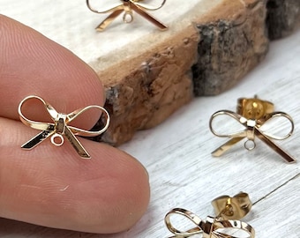 18k Gold Plated Brass Bow Stud Post Earrings & Backs Connector Loop Holes Dangle Earring Findings Jewelry Making