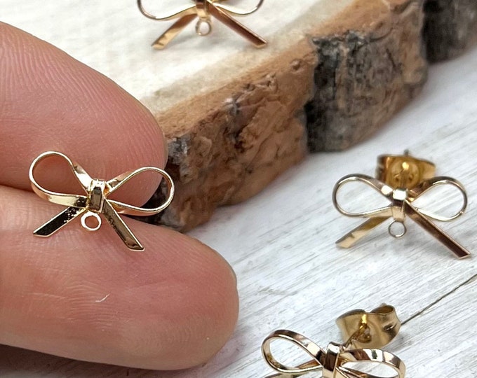 Clearance 12 Pieces  18k Gold Plated Brass Bow Stud Post Earrings & Backs Connector Loop Holes Dangle Earring Findings Jewelry Making