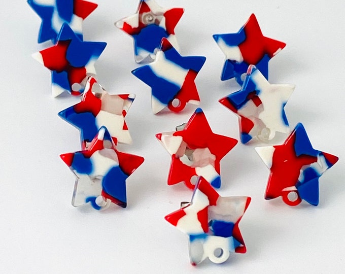 12 Acrylic 14mm Star Stud Post Red White Blue Patriotic Earrings & Backs Connector Loop Holes Dangle Style Earring Findings Jewelry Making