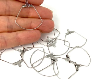12pcs Silver Stainless Steel Earrings Ear Wires Findings Fan Shape Pendant Hoop Hoops with Crimp Closures 27x28mm