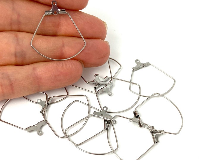 12pcs Silver Stainless Steel Earrings Ear Wires Findings Fan Shape Pendant Hoop Hoops with Crimp Closures 27x28mm