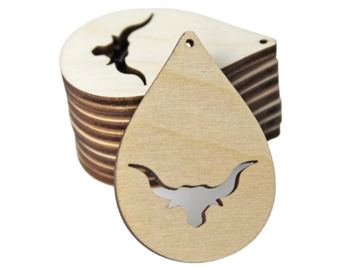 BULK (12pc to 100pc) Unfinished Wood Wide Teardrop Longhorn Steer Cow Cutout Dangle Earring Jewelry Blanks Charms Shape Crafts Made in Texas