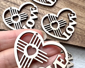 Unfinished Wood Love Heart Zia New Mexico State Sun Symbol Cross 1.75”x1.55” Charm Ornament Earrings Jewelry Blanks Crafts Made in Texas
